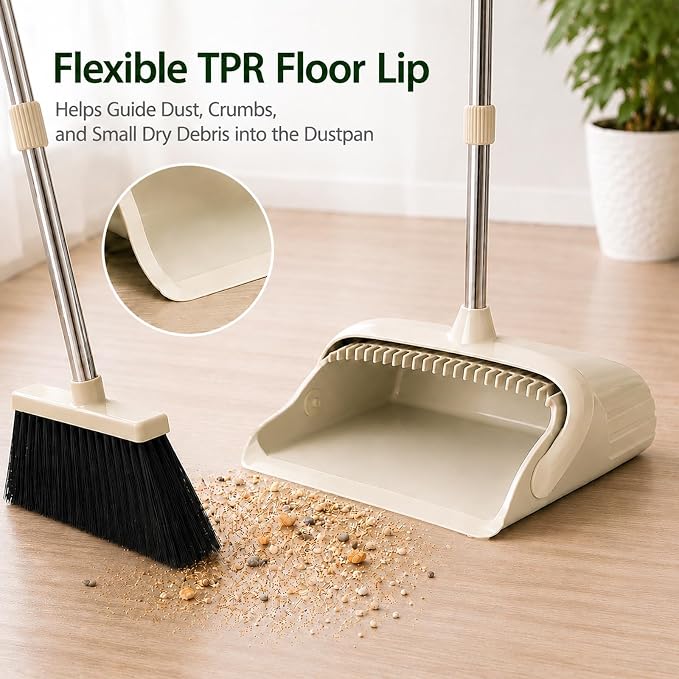Broom and Dustpan Set, 52-Inch Handle, Comb Teeth, Gray Yellow | Long handle broom set for home, kitchen, apartment andstorage