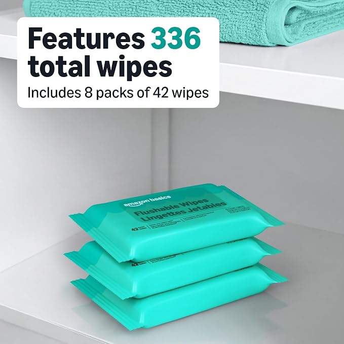 Amazon Basics Flushable Adult Toilet Wipes, Fragrance Free, 42 Count (Pack of 8) (Total 336 wipes) (Previously Solimo), Packaging May Vary