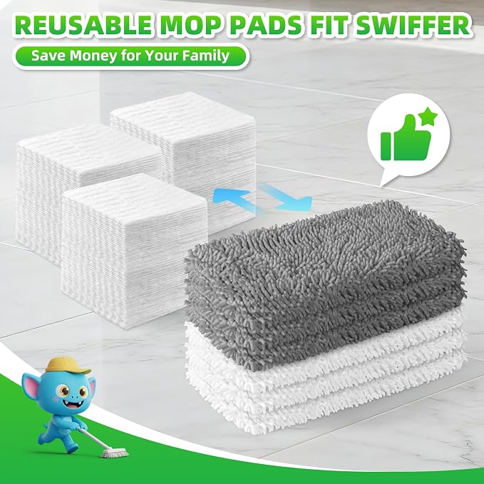 6 Pack Reusable Mop Pads for Swiffer, Microfiber Dry Sweeping Cloths | Compatible with Swiffer Sweeper Mop | Chenille Mop Refill Pads | Dry and Wet Pads Refill for Mopping Floors(Mop not Included)