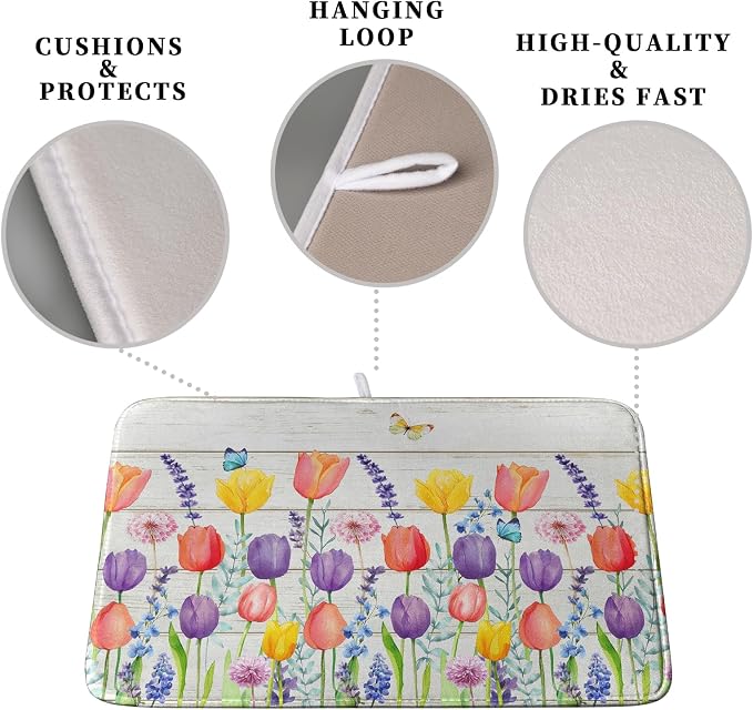 Tulip Floral Dish Drying Mat for Kitchen Counter Watercolor Spring Flower Dish Mat Absorbent Microfiber Dish Draining Mat Reversible Heat Resistant Dishes Pad Large 18 x 24 Inch