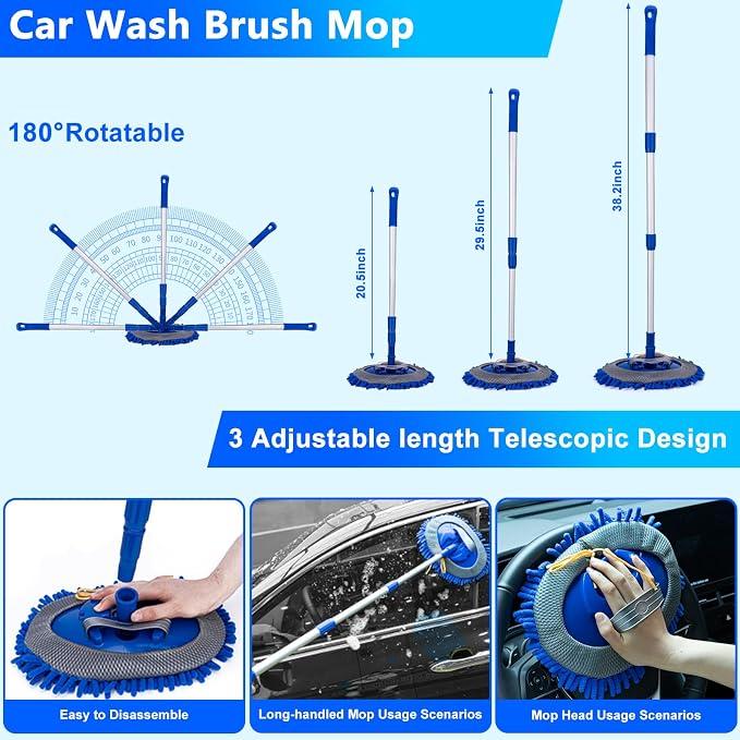 THINKWORK Car Wash Kit with Foam Gun, Extendable Mop & Collapsible Bucket | Adjustable Spray, Complete Car Detailing Kit, Soft Microfiber, Scratch-Free Paint Protection, Car & Home Use, Great Gift