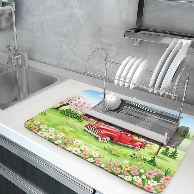 Spring Dish Drying Mat for Kitchen Counter Red Truck Flowers Microfiber Absorbent Dish Draining Reusable Washable Foldable Extra Large 18"x24"