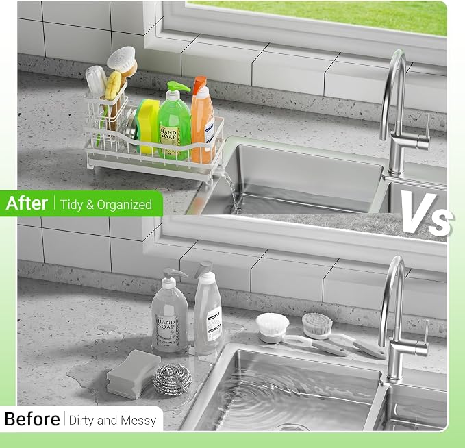 Sponge Holder for Kitchen Sink, Rustproof Sink Caddy Organizer with Dish Brush Holder, Self-Draining Kitchen Sink Organizer Countertop for Soap Dispenser, Scrubber and Sink Storage Essentials, White