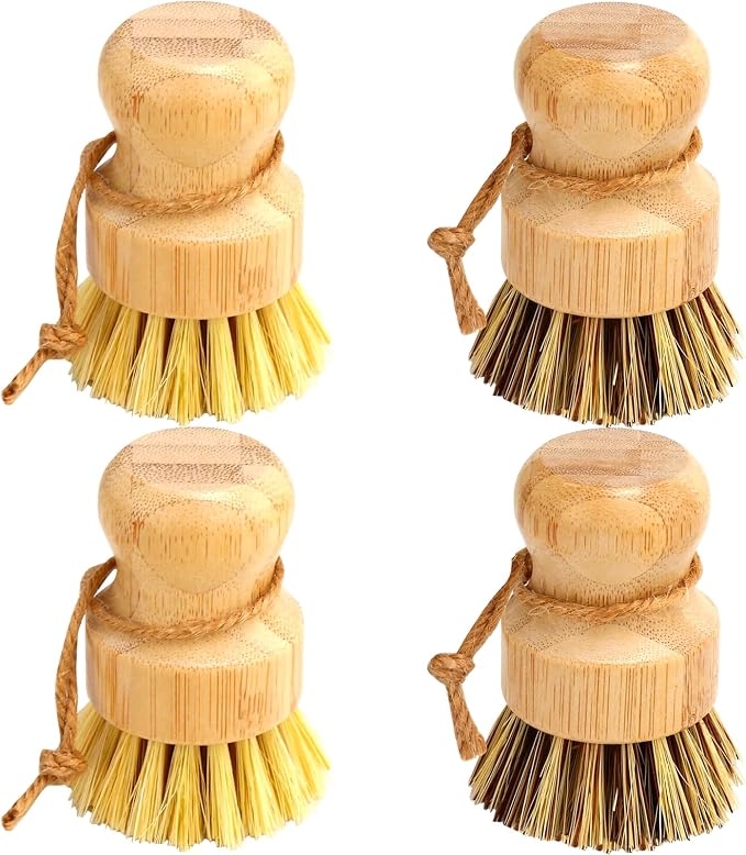 Bamboo Dish Brush Set, 4 Pcs Palm Wooden Dish Scrubber Brush, Dish Brushes, Durable Wood Dishes Scrub Brush, Natural Round Vegetable Cleaning Pots Pans Sink Washing Kitchen Brush by Aisuly