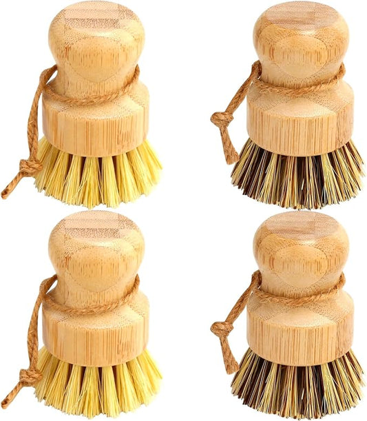 Bamboo Dish Brush Set, 4 Pcs Palm Wooden Dish Scrubber Brush, Dish Brushes, Durable Wood Dishes Scrub Brush, Natural Round Vegetable Cleaning Pots Pans Sink Washing Kitchen Brush by Aisuly
