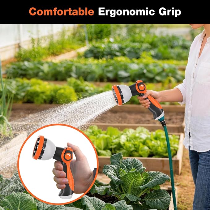 Besiter Garden Hose Nozzle, Hose Sprayer Nozzle with 10 Spray Patterns, Thumb Control On Off Valve,2 Pack Heavy Duty Metal Water Hose Nozzle for Car Wash, Plants, Pets & Outdoor Cleaning Green Orange