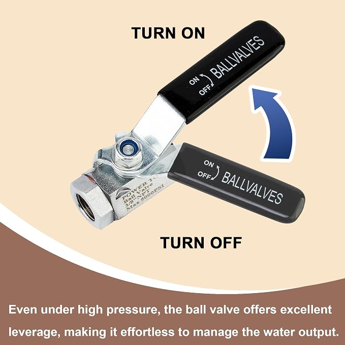 POWER TOWN Ball Valve Pressure Washer, 3/8 Inch Quick Connect 5000 PSI | Shut Off Valve for High Pressure Washer Hose, Stainless Steel