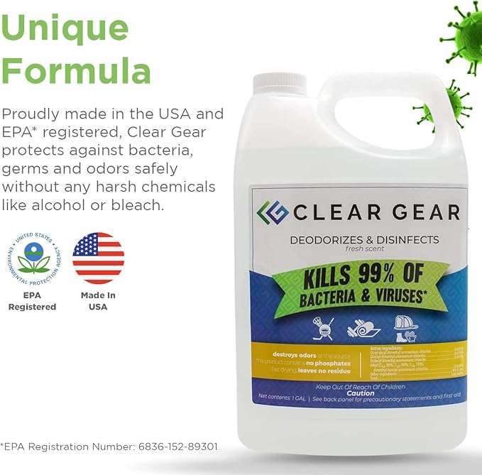 Clear Gear Gym Disinfectant Mat Cleaner, and Gym Equipment Deodorizer for Sports Equipment and Fitness Centers - EPA-Registered, Hospital Grade Disinfectant, Made in USA - (4) 1 Gallon Bottles