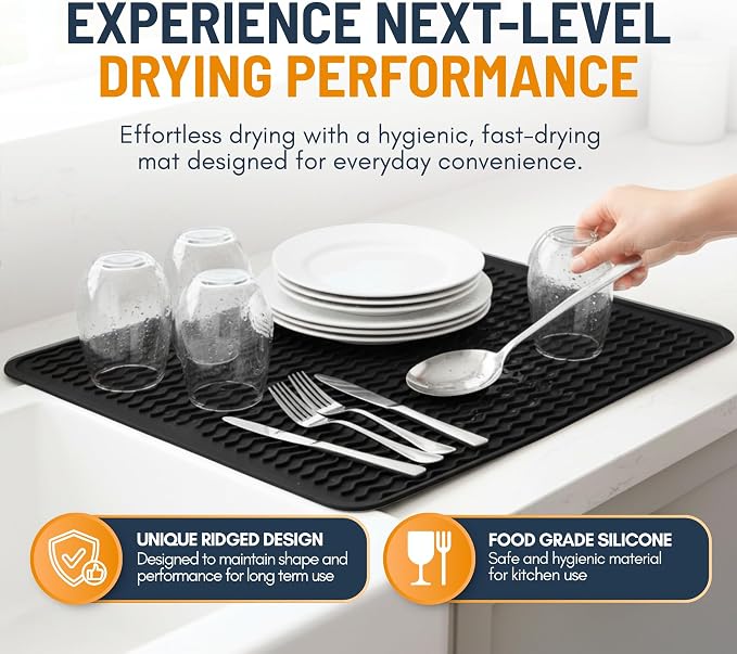 Silicone Dish Drying Mat for Kitchen Counter - Multi-Use 18 x 16 Inch Pad, Non-Slip & Heat-Resistant, Perfect Dish Drainer Mat by Linda’s Essentials, Ideal Kitchen Accessory (Black)
