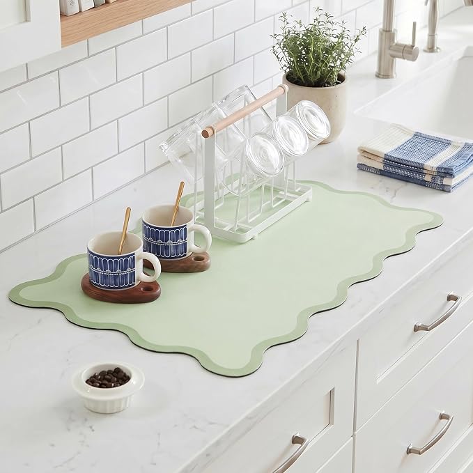 Scalloped Dish Drying Mat for Kitchen Counter, Absorbent Easy Clean Non-slip Coffee Bar Station Accessories, Trendy Cute Aesthetic Modern Drainer Kitchen Drying Mat, Sage Green 15" x 24"