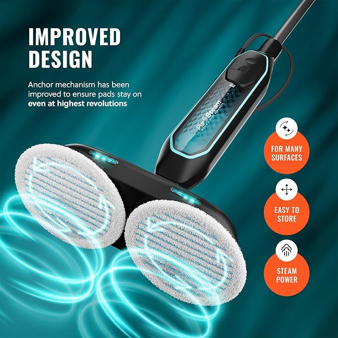 PurSteam ScrubMaster V2 Steam Mop with Dual Scrubbing Head and LED Lights | Dual Scrubbing Head | LED Headlights | Adjustable Steam Control | Anti-Slip Swivel Head | Cable Holder | Upright Lock