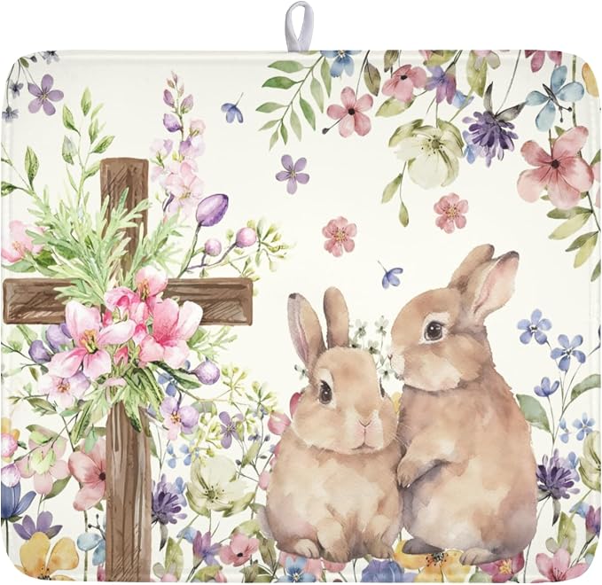 Easter Bunny Dish Drying Mat 16 x 18 Inch Rabbit Dish Drainer Rack Mat Colorful Floral Mat Absorbent Microfiber for Holiday Kitchen Coffee Dining Bar Decor