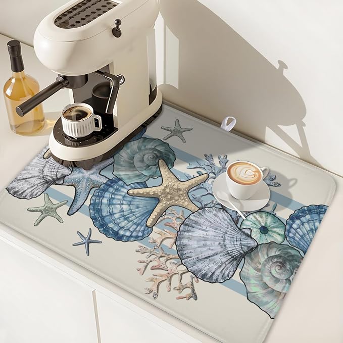 Nautical Coastal Dish Drying Mat for Kitchen Counter Summer Beach Seashell Starfish Microfiber Dish Drainer Mat Ocean Blue Pattern Absorbent Washable Drying Pad Extra Large 18"x24"
