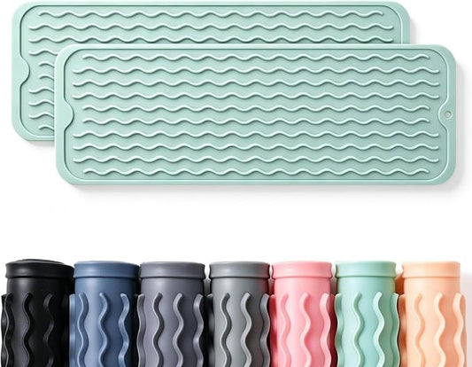 2 Pack Caketime Silicone Dish Drying Mat for Kitchen Counter Under Bathroom Sink Near Faucet Absorbent for Dishes Water Heat Resistant Pad with Soap Holder Decor essentials 17inchx6inch Green