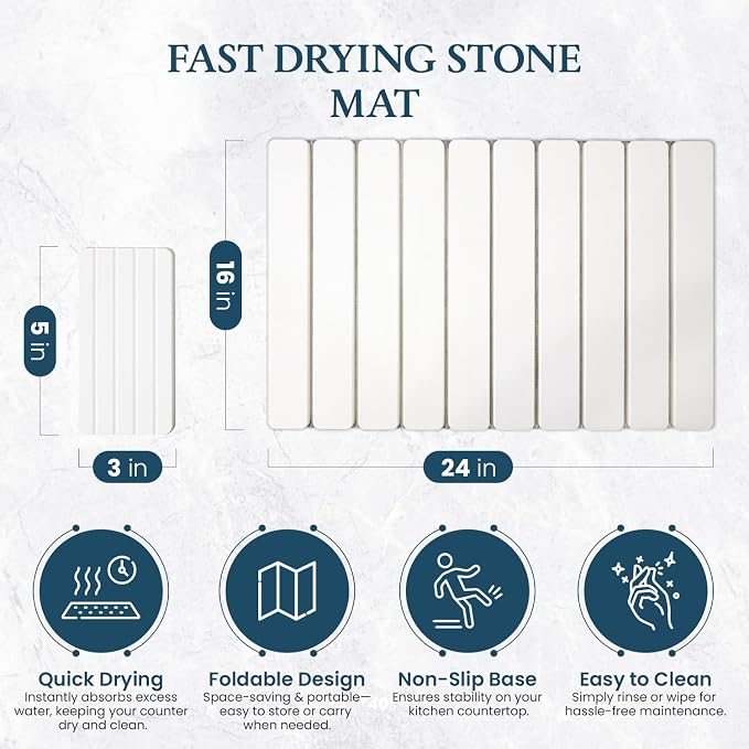 Stone Drying Mat for Kitchen Counter 24"×16"with Water Absorbent Diatomite Coasters 8" x 4", Foldable Quick Dry Mats for kitchen Dishes, Non Slip Quick Drying Diatomaceous Earth For Any Countertop