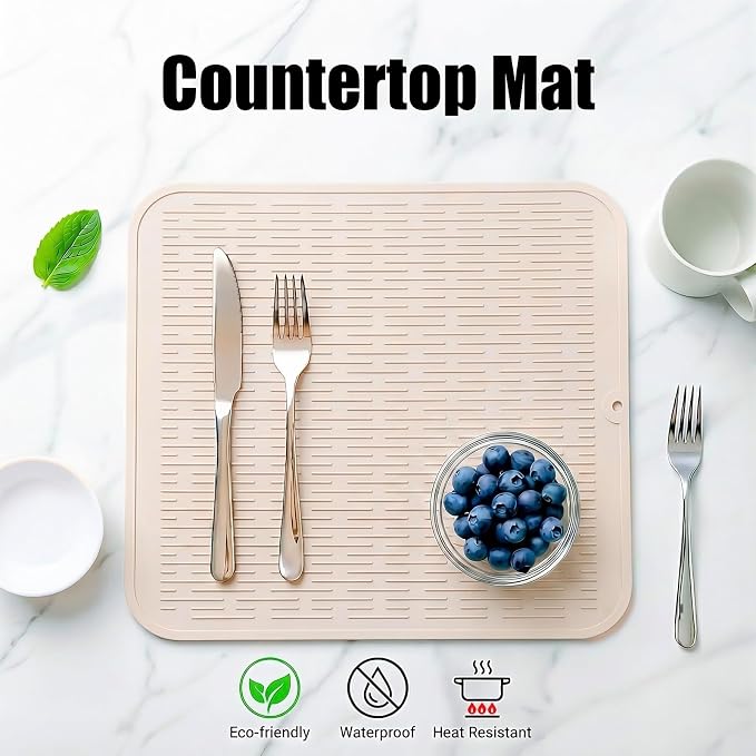 MicoYang Silicone Dish Drying Mat for Multiple Usage,Easy clean,Eco-friendly,Heat-resistant Silicone Mat for Kitchen Counter or Sink,Refrigerator or Drawer Liner Tapioca XL 18 inches x 16 inches
