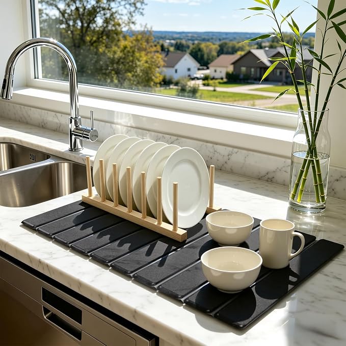 Stone Dish Drying Mat for Kitchen - Diatomaceous Earth Drying Mats | Grey Color, Quick Dry Counter Mats, Foldable Design, Super Absorbent, (24"×16"/ 8"x4" / 1 Drain Rack) , for Dishes Cups