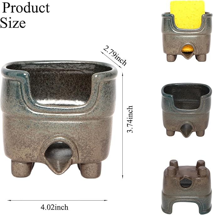 Ceramic Sponge Holder with Drainage, Farmhouse Sink Caddy Organizer, Self Draining Design for Sponges, Soap, Brushes, Compact Rustic Kitchen Accessory, Keeps Counter Dry, Country Blue