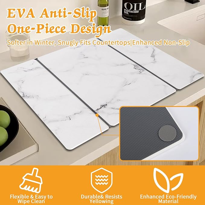 Stone Dish Drying Mat for Kitchen Counter, 24''×15'' Dishes Drying Matt Kitchen Counter, Absorbent Diatomaceous Earth Bath Quick Dry Mats for Tableware, Bottles and Cup(White Marble)