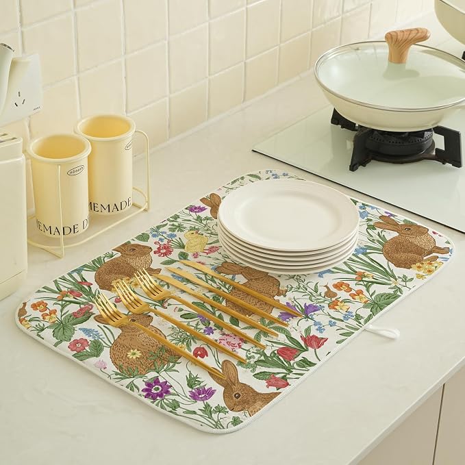 Spring Dish Drying Mat 18x24 Inch Easter Rabbit Bunny Floral Drying Mat Sage Green Wildflower Holiday Absorbent Dish Drying Pad Dish Rack Drainer Mats for Kitchen Dining Counter