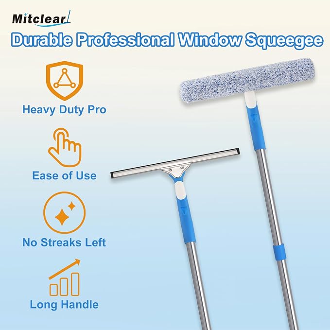 Mitclear 77'' Long Squeegee Window Cleaner Tool for Indoor Outdoor Windows | Professional Window Cleaning Kit with Extension Poles for High Windows Car Windshield Shower Glass Door Solar Panel