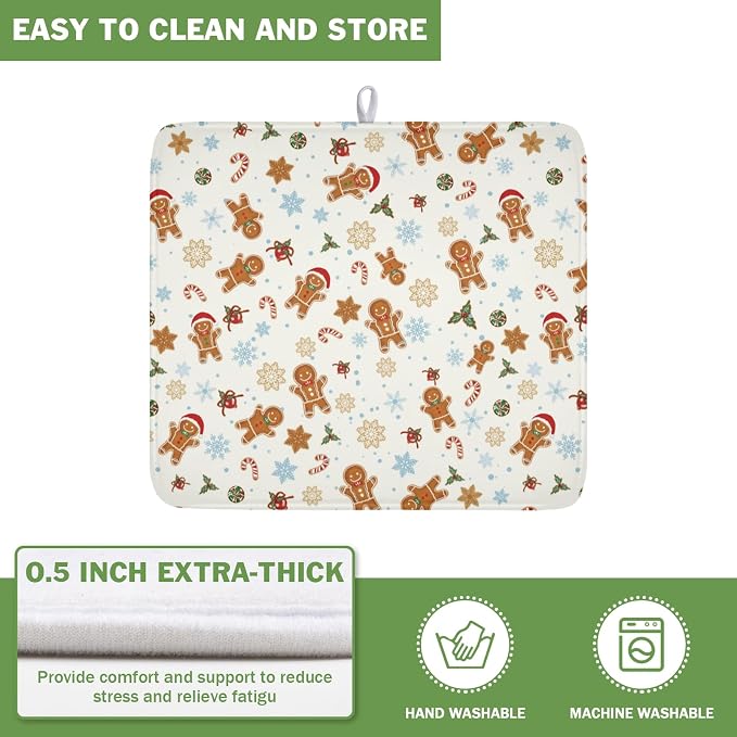 Christmas Gingerbread Man Dish Drying Mat 16x18 Inch Xmas Snowflake | Winter，Polyester，Absorbent Microfiber，for Kitchen Coffee Dining Bar Decor