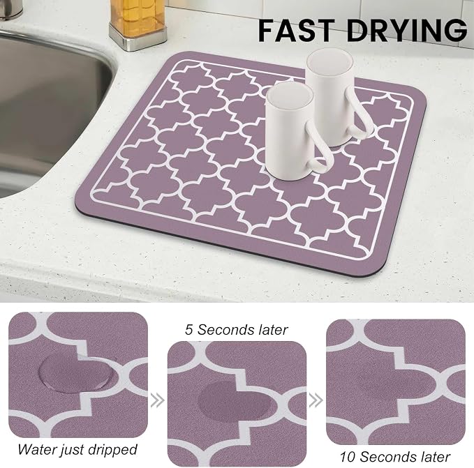 WISELIFE Dish Drying Mat Super Absorbent Drying Mat Large Dish Drying Mats for Kitchen Counter Easy Clean Dish Mat Kitchen Drying Mat15"x 18" Stylish Purple