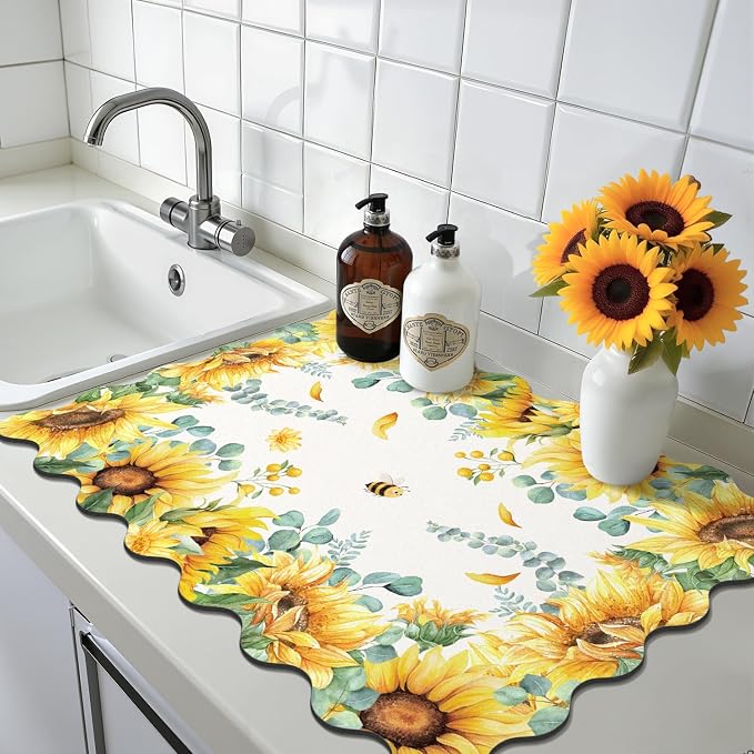 LOKHOM Scalloped Floral Dish Drying Mat, 18"x24" Super Absorbent Coffee Mat with Watercolor Yellow Sunflowers, Cuttable Hide Stain Non-slip Drying Mat for Kitchen Counter Coffee Maker Espresso Machine