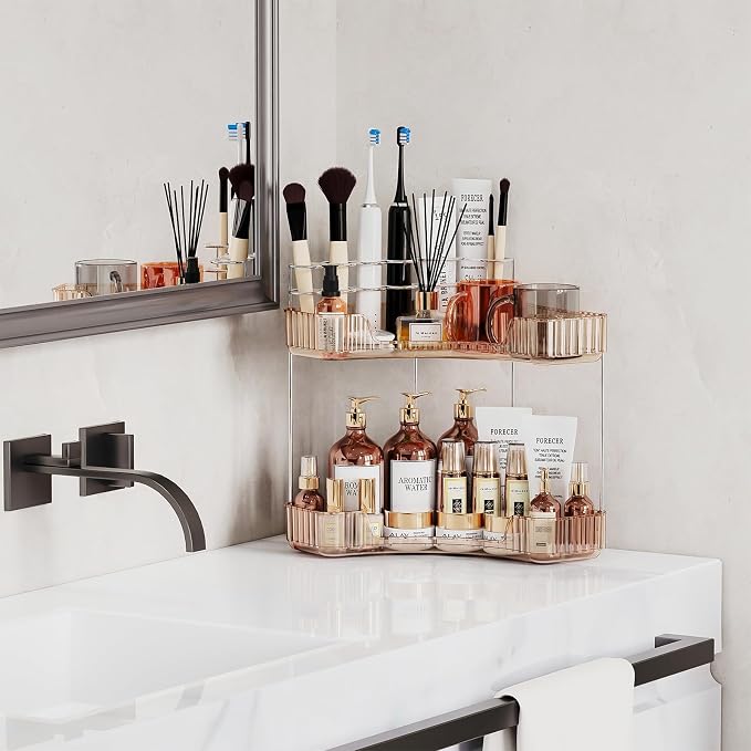 Asayuee 2-Tier Corner Bathroom Counter Organizer with Top Toothbrush Holders,Large Makeup Organizer Countertop with Brush Holder,Skincare Organizers Corner,Exquisite Vanity Organizer (Gold, 2 Tier)