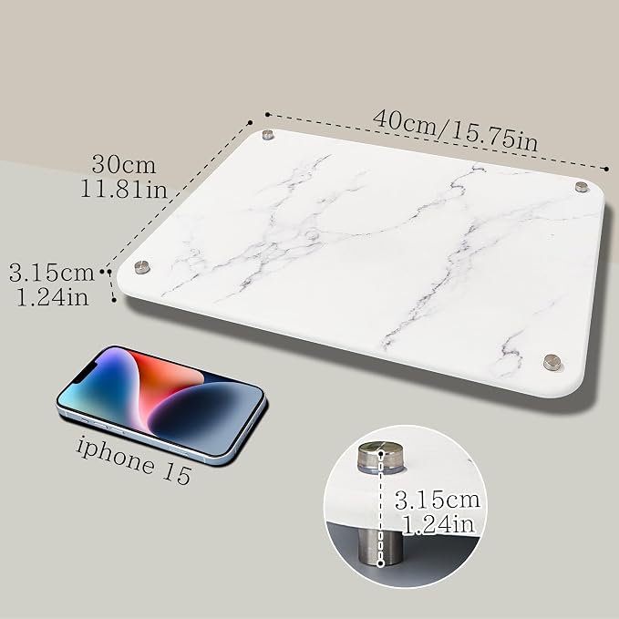 Stone Dish Drying Mat for Kitchen Counter, Quick Drying Diatomaceous Earth Dish Drying Mat with 4 Metal Brackets for Kitchen Sink, Size 15.7 x 11.8 Inches, White Marble Style