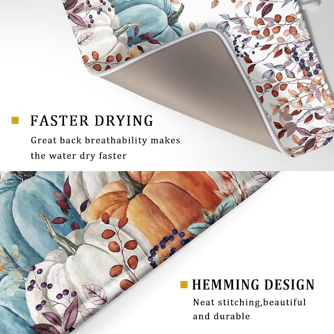 Giwawa Fall Orange Pumpkin Dish Drying Mat Eucalyptus Leaves Drainer Rack Pad 18"x24" Microfiber Quick Dry Dish Sink Mat for Kitchen Counter Decor