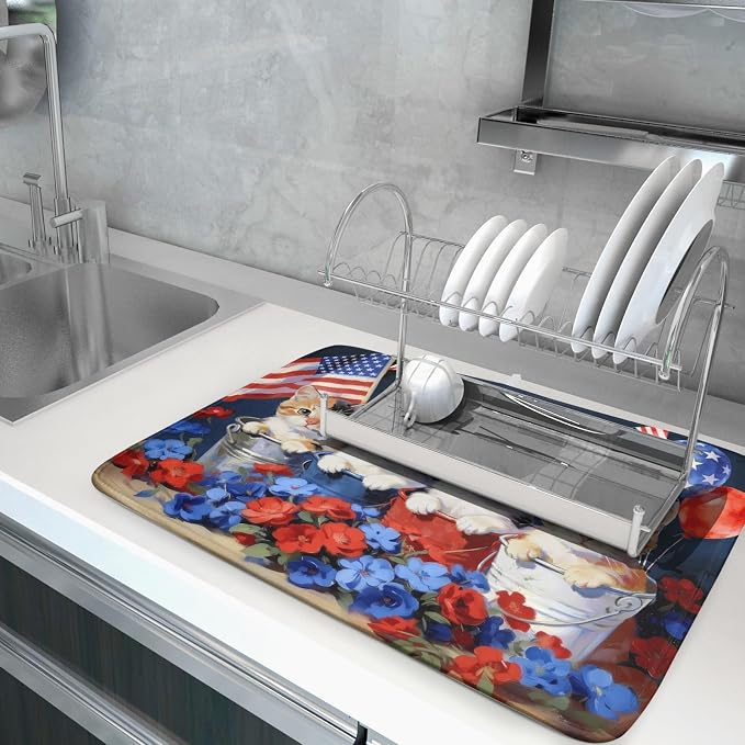 4th of July Drying Mat for Kitchen Counter 18 X 24 in Patriotic Printed Dish Drying Pad