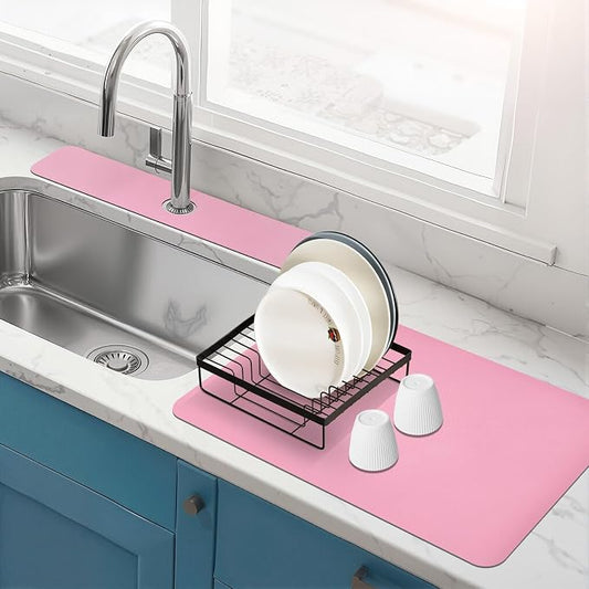 2PCS 12" x 19" Dish Drying Mat & 24" x 5.5" Faucet Mat for Kitchen Sink, Super Absorbent Kitchen Counter Mats & Sink Splash Guard, Easy to Clean Dish Rack Pad for Dishes Countertop, Pink