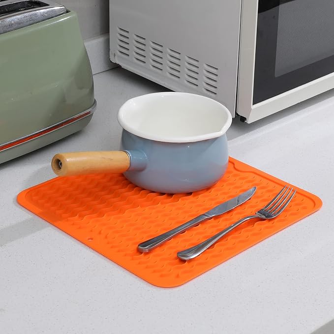 MicoYang Silicone Dish Drying Mat for Multiple Usage,Easy clean,Eco-friendly,Heat-resistant Silicone Mat for Kitchen Counter or Sink,Refrigerator or Drawer liner Orange M 12 inches x 12 inches