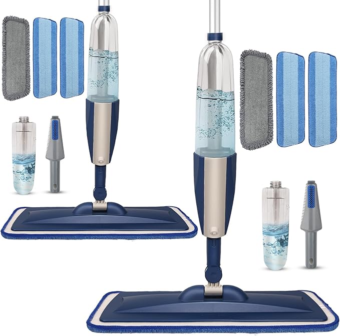 Spray Mop for Floor Cleaning, 2 Pack with Refillable Bottles & Pads | Blue combo, refillable 14 oz bottles, 6 washable microfiber pads, wet/dry use for hardwood, tile, laminate, home & commercial
