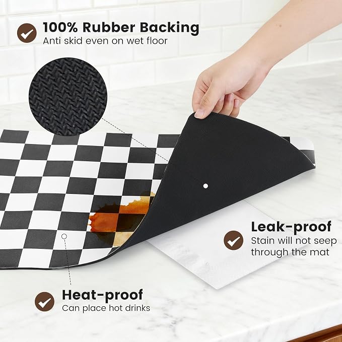 12" x 20" Checkered Dish Drying Mat for Kitchen Counter, Absorbent Coffee Bar Mat for Espresso Machine Coffee Countertops Accessories, Black