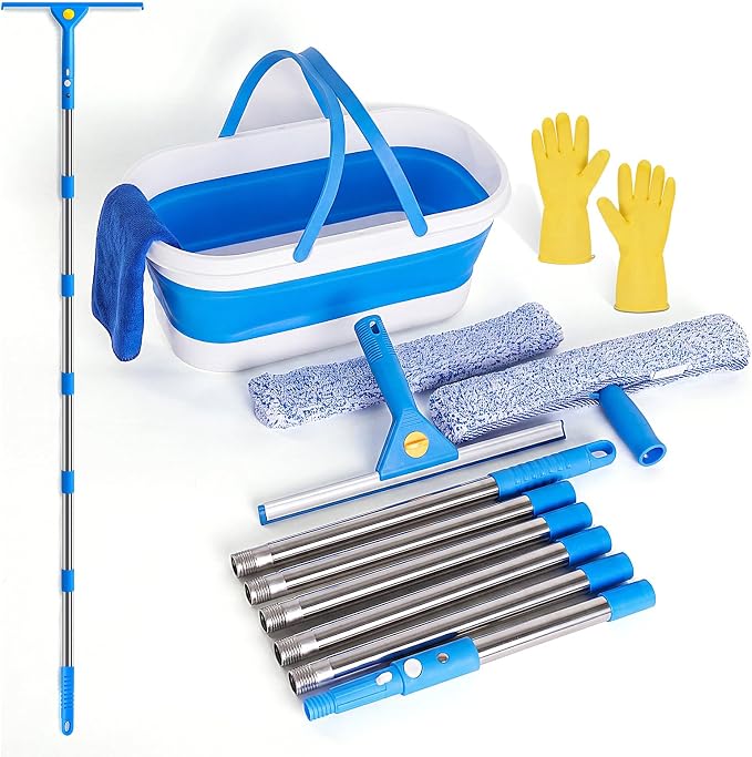 Window Cleaning Kit, Window Washing Kit with 3 Gallon Collapsible Bucket, 14-Inch Squeegee & 15-Inch Scrubber, 76-Inch Extendable Pole, Window Washing Equipment for Home & Commercial (76 inch)