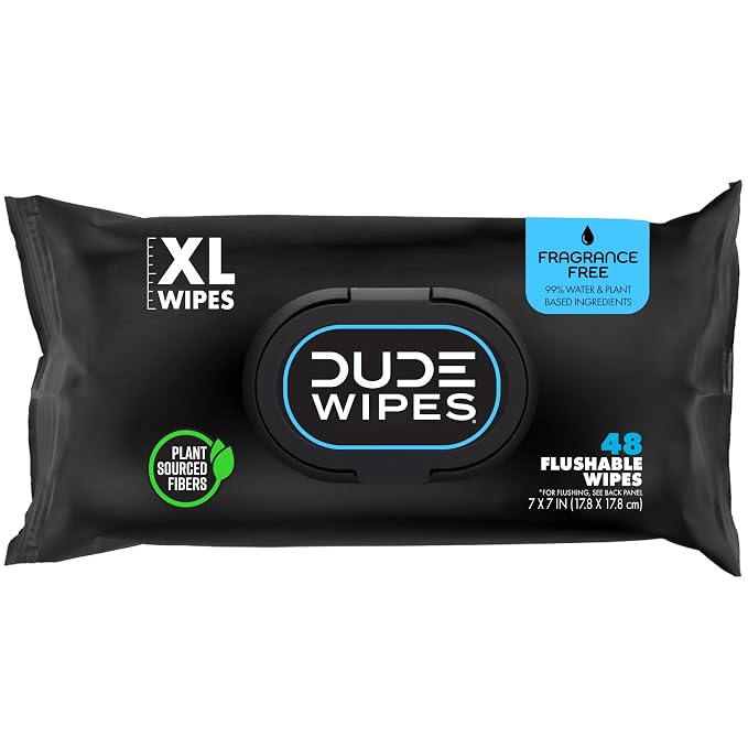 DUDE Wipes Unscented Adult Flushable Wet Wipes, Sensitive Skin, 48 Count | 1 pack of 48 extra large flushable butt wipes. Hypoallergenic plastic-free wipes. 99% water, vitamin E, aloe. Septic safe.