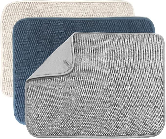 3 Pack Dish Drying Mat,Absorbent Microfiber Dishes Drainer Mats for Kitchen Counter Large Size 20 X 15 Inch,Dish Drying Pad(Beige/Grey/Blue)
