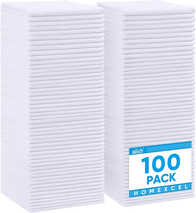 HOMEXCEL 100PK Microfiber Cleaning Cloth, Cleaning Rag for Home, 11.5x11.5 | Reusable, Lint Free, Scratch-Free and Highly Absorbent Towels for Kitchen, Window and Glass, Cars, White