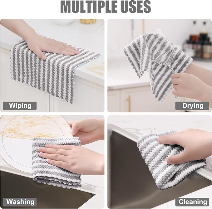 Homaxy 18 Pack Kitchen Dish Cloths, Ultra Soft and Absorbent Dish Towels, Reusable Fast Drying Microfiber Cleaning Cloth, Coral Velvet Wave Design No-lint, 10 x 10 inches, Grey