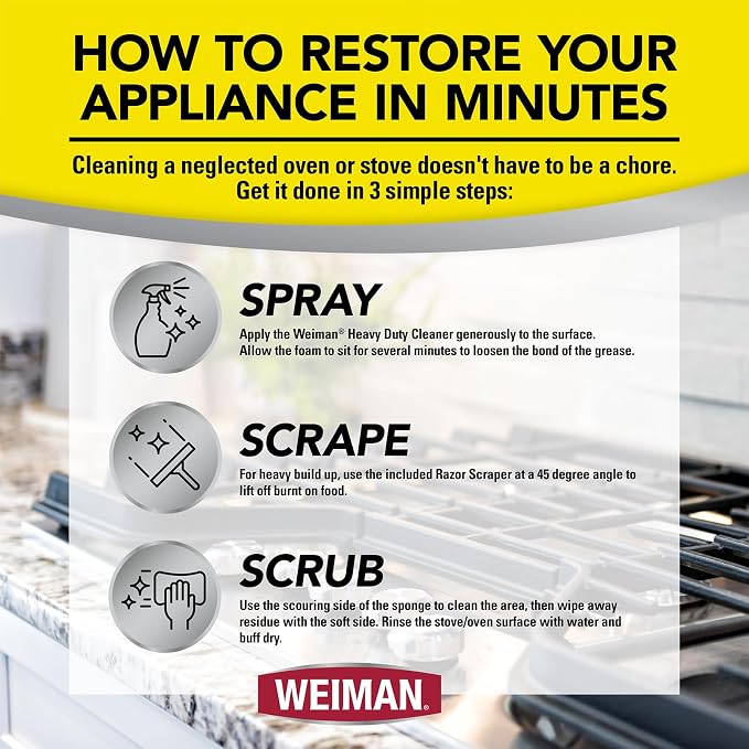 Weiman Heavy Duty Stove and Oven Cleaner 3 Piece Total Clean Kit, For Baked on Grease, Grime, Carbonized Food, Includes Foaming Cleaner (24oz), Precision Razor Tool, Dual-Action Scrub & Shine Sponge