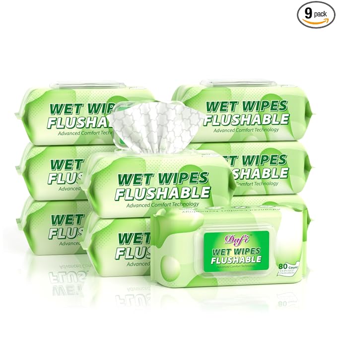 DAFI Flushable Wipes for Adult Wet Wipes, Total 720 Unscented Toilet Wipes Flushable, No Alcohol & 100% Plant Based Fibers, Septic and Sewer Safe Pack of 9