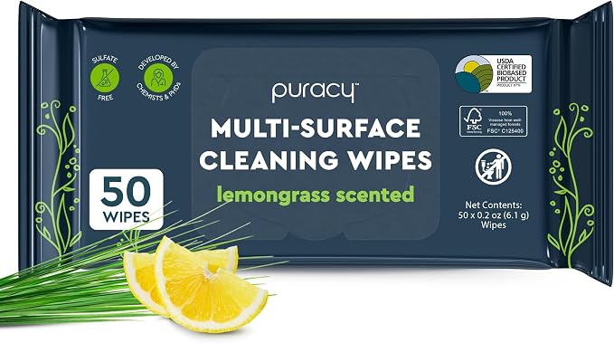 Puracy All Purpose Cleaning Wipes – Non Toxic Multi-Surface Cleaner & Appliance Wipes for Car, Bathroom, Kitchen – Lemongrass Scent (50 Count, 1 Pack)