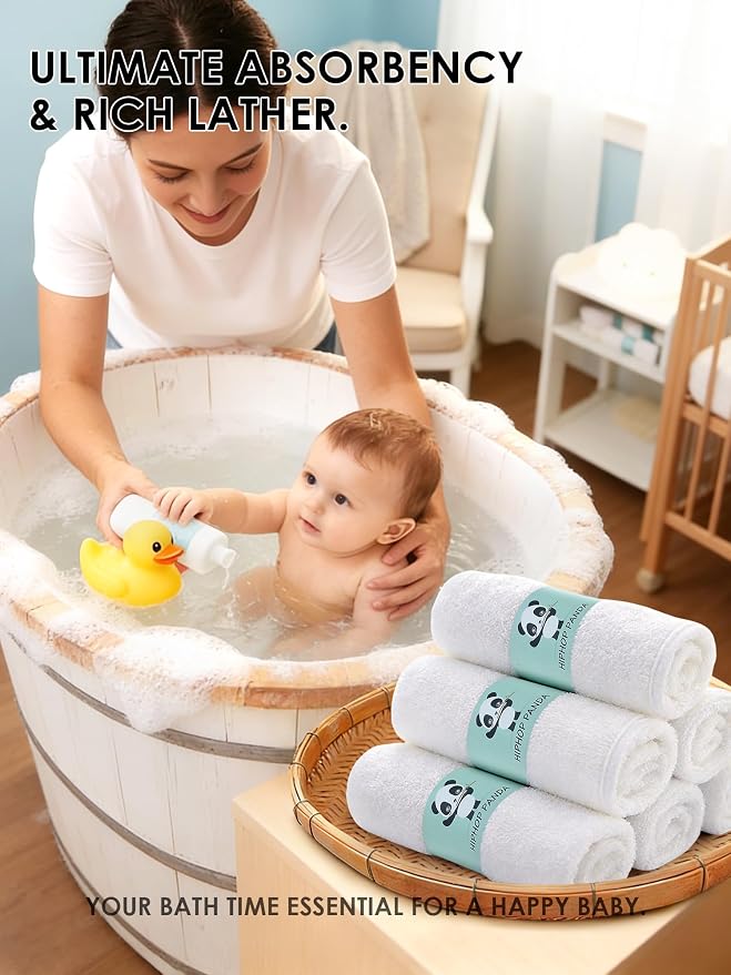 HIPHOP PANDA Baby Washcloths, Rayon Made from Bamboo - 2 Layer Ultra Soft Absorbent Newborn Bath Face Towel - Reusable Baby Wipes for Delicate Skin - White, 6 Pack