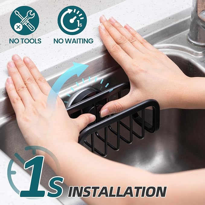 TAILI Sink Caddy with Strong Suction Cup, Sponge Holder for Kitchen Sink Oganizer, Removable Rustproof Aluminum Sponge Holder, Dish Brush for Scraper - Black
