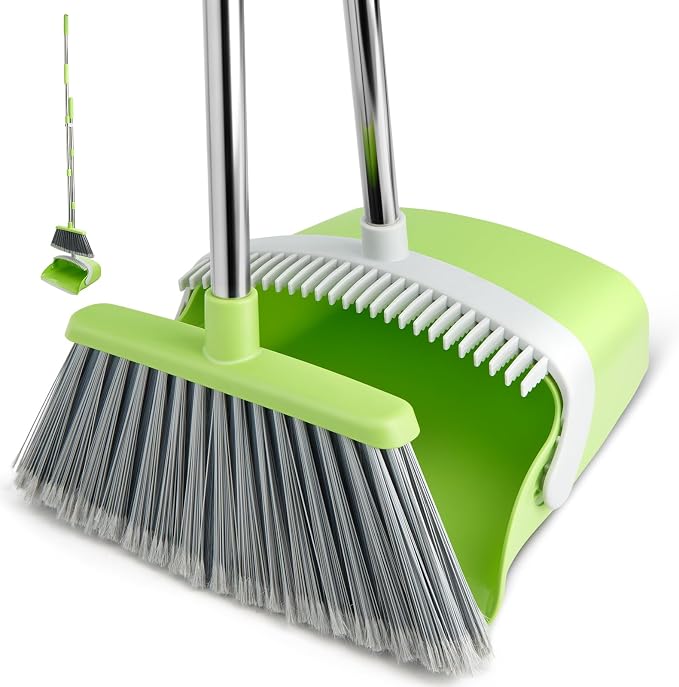 Broom and Dustpan Combo Set,51" Long Handle,Gray Green | Heavy Dust, Dustpans with Broom Combo for Home, Kitchen, Office, Classroom,Apartment, Pet Hair