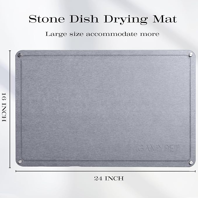 Stone Drying Mat 24"x16" Stone Dish Drying Mat for Kitchen Counter | Natural Diatomaceous Earth Absorbs Fast While Elevated Steel Feet Improve Airflow And Curved Wood Supports Prevent Sagging