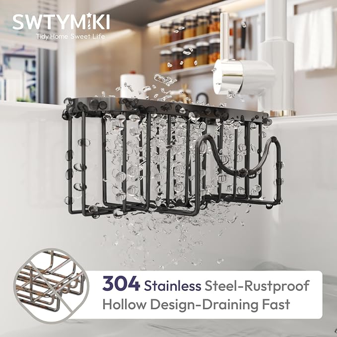 SWTYMIKI Sponge Holder for Kitchen Sink - Movable Kitchen Sink Caddy with M Shape Hook Stainless Steel Hanging Sponges Caddy Organizer in Double Bowl Sinks Depth>3.15in, Middle Divider<1.5in, Black L