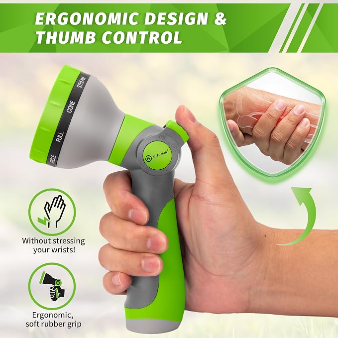 AUTOMAN Garden Hose Nozzle Sprayer - 10 Spray Patterns, 2 Pack Thumb Control Water Hose Nozzle Outdoor, Heavy Duty Spray Nozzles for Watering Garden, Cleaning Window, Washing Car, Showering Pets